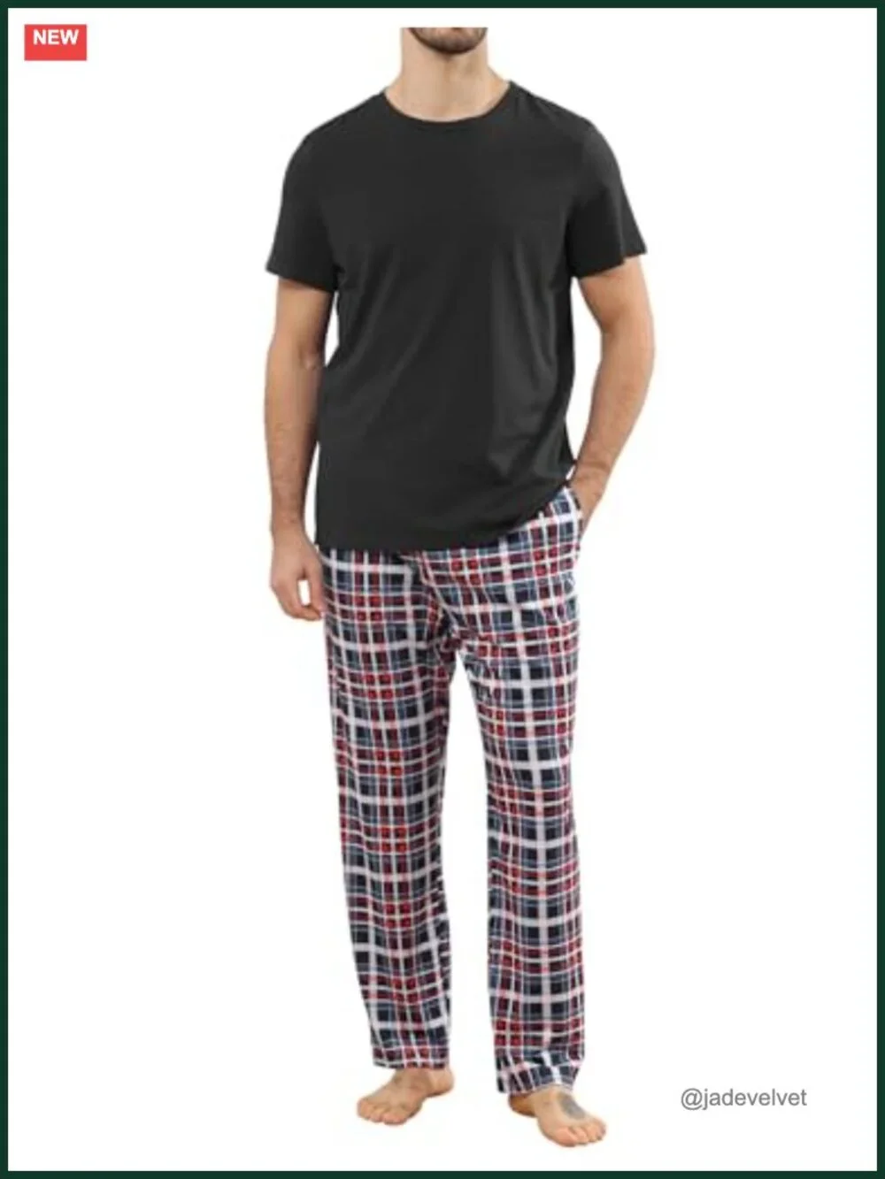 Cotton and Polyester Men's Pajama Set Short Sleeve Plaid Long Pants Sleepwear